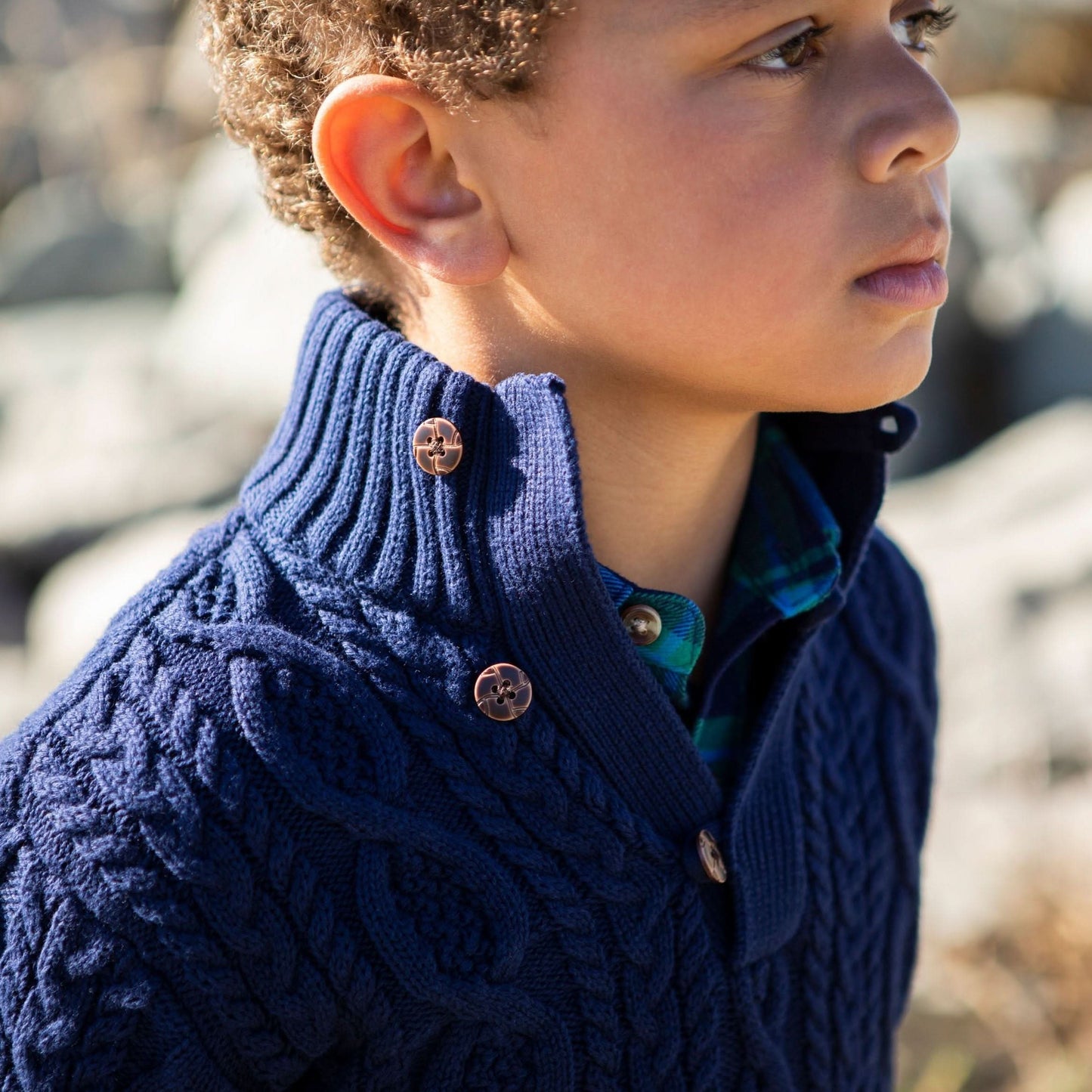 Mock Neck Cable Sweater with Buttons