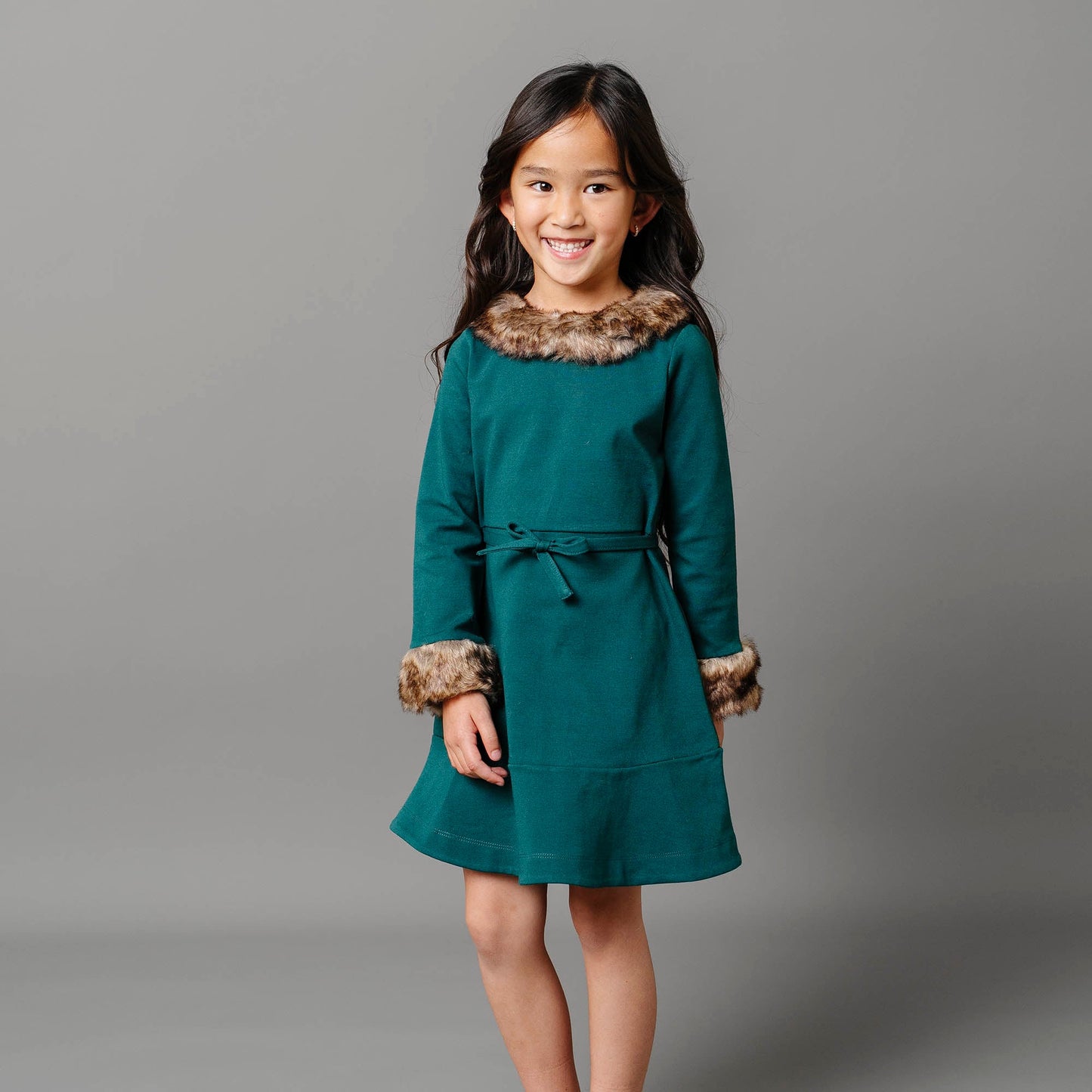 Long Sleeve Ponte Dress with Faux Fur - Baby