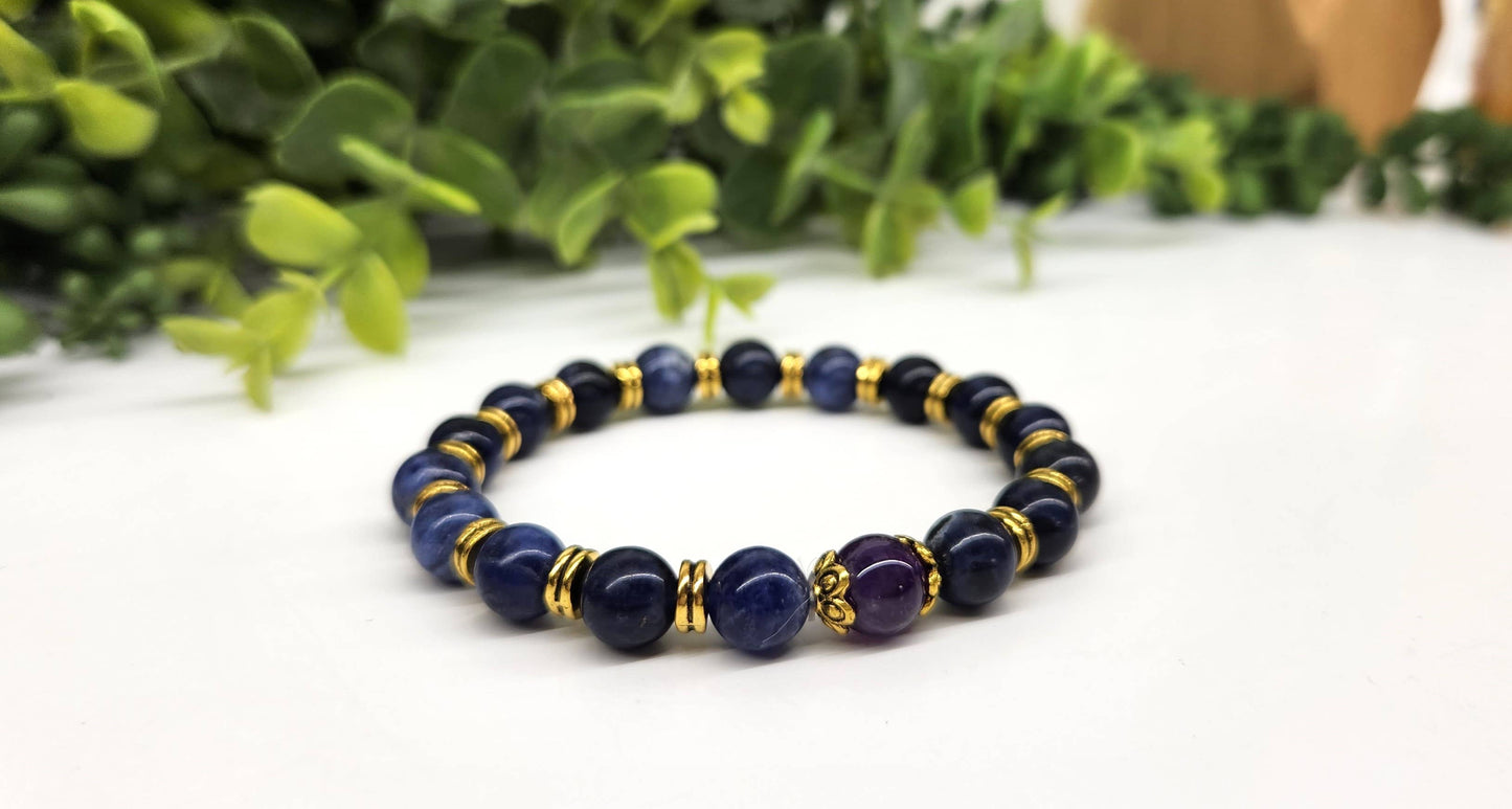 ANXIETY SUPPORT - Sodalite/Amethyst (center) with Gold color