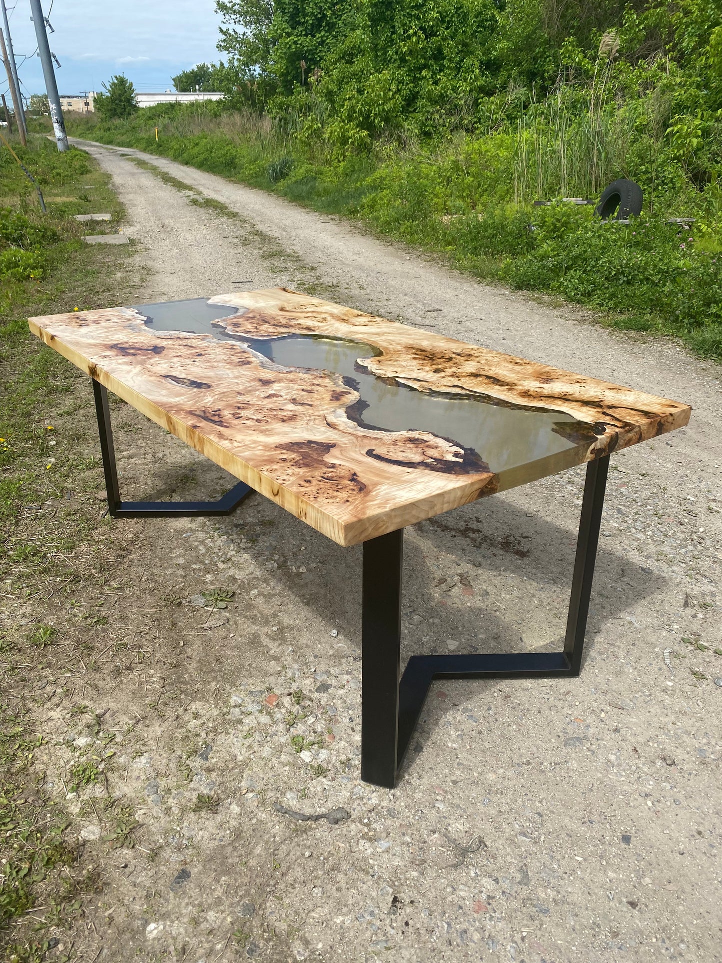 Live Edge Mapa Burl Epoxy River Table