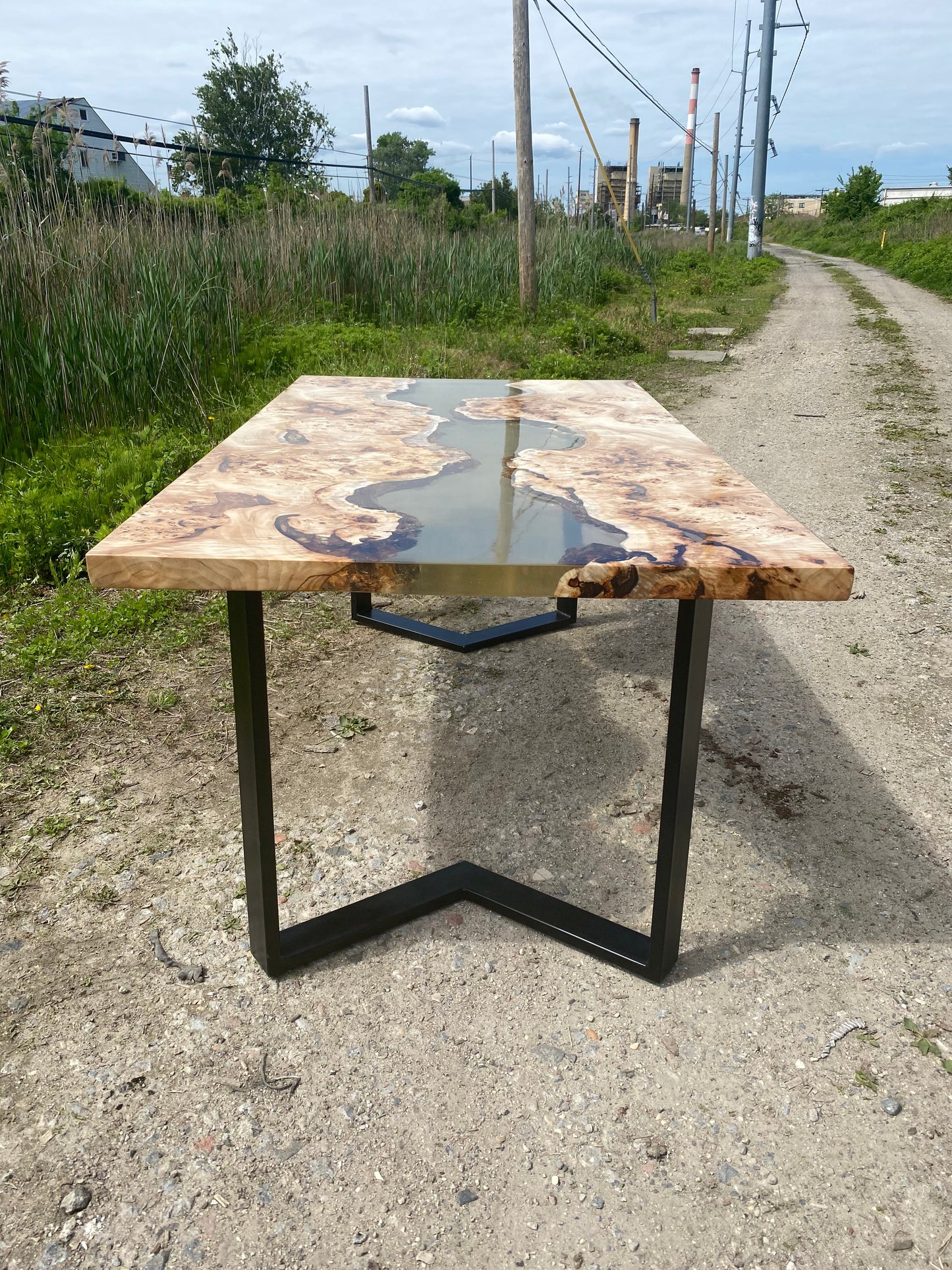 Live Edge Mapa Burl Epoxy River Table