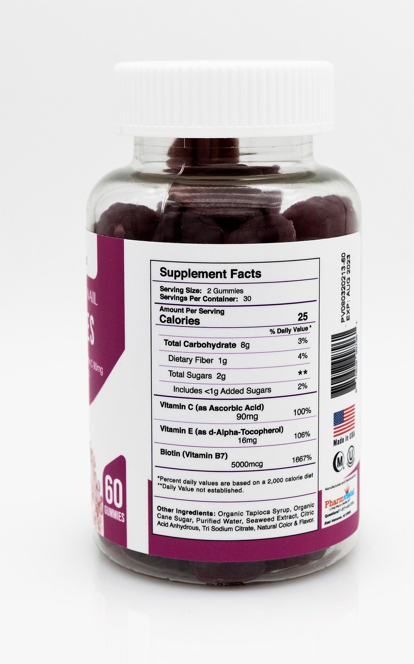Hair Skin & Nail Gummies with Biotin, Vitamin C and E - Vegan, Gluten Free & Non-GMO Ingredients - 60 Count