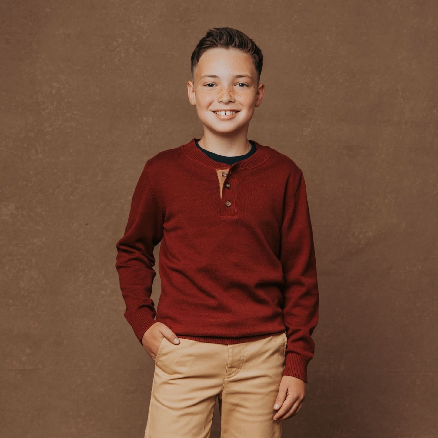 Organic Sweater Henley with Elbow Patches