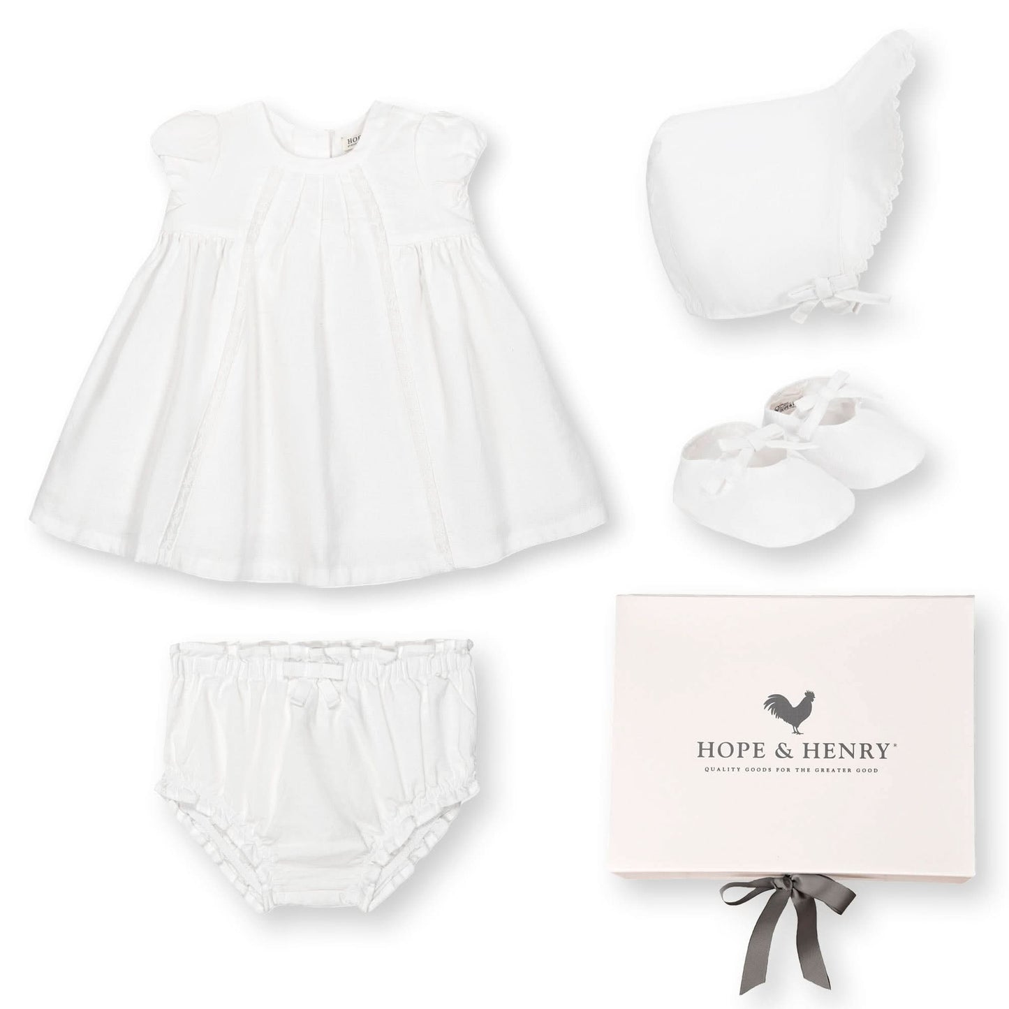 Hope & Henry White Special Occasion Linen Dress and Bonnet, Linen Bow Soft Shoe - Boxed Gift Set